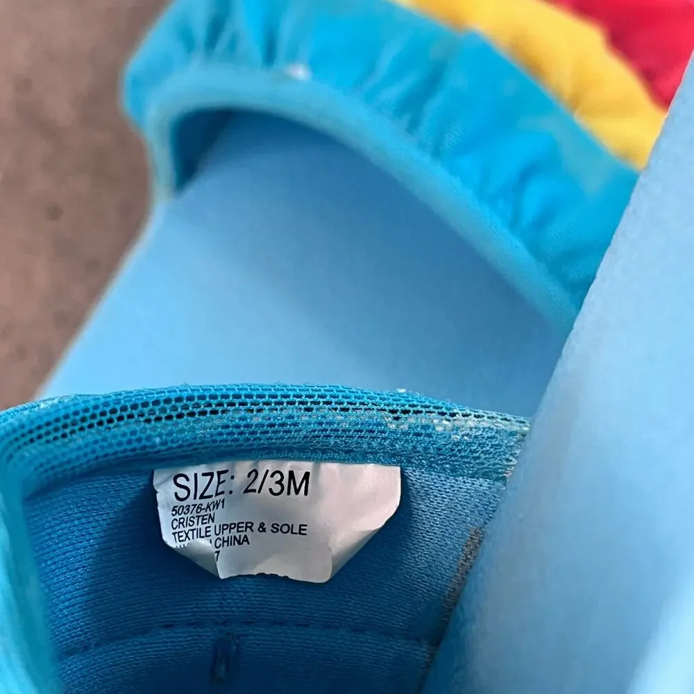 Hanna Andersson rainbow ruffle blue slides sandals girls size 2